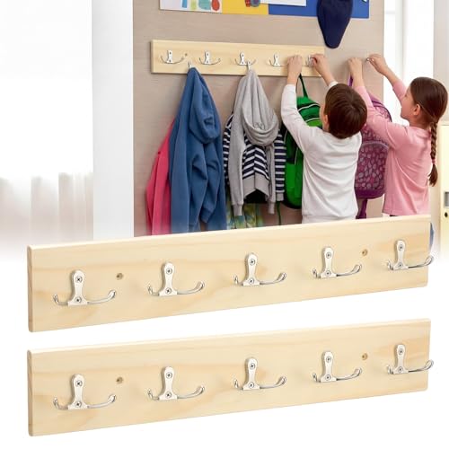 2 Pcs Classroom Wall Mount Coat Rack 16 Inch Wooden Backpack Hanger Rail with 5 Double Coat Hooks Back to School Organizer for Dorm Apartment Hanging Backpack Hats Clothes School (Wood Color)