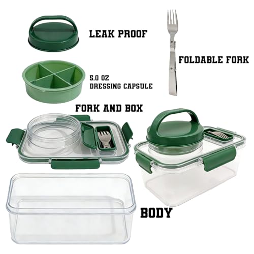 Upgraded Salad Pod Mason Jar Side Open,Portable Salad Container,On The Go Salad Jar Compartment for Travel Office Lunch,Leakproof Airtight,BPA Free & Dishwasher Safe (Square - Green)