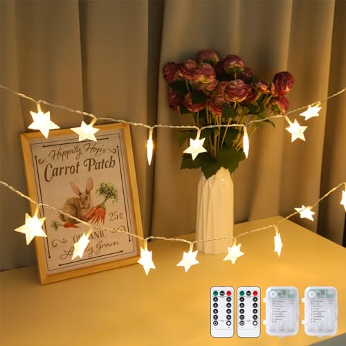 2 Pack Star String Lights Total 33ft 100 LED Hanging Star Fairy Lights Battery Operated for Indoor Outdoor Waterproof Twinkle Lights with Remote Control for Bedroom Party Christmas Decor Warm White - style: Standard Version