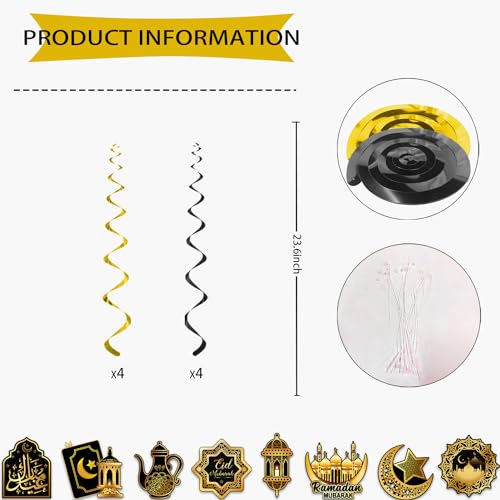2 in 1 Ramadan nd Eid Decorations, NO-DIY Ramadan Mubarak Decorations Includes Ramadan Eid Banner and Ramadan Decorations Hanging Swirls, Eid Mubarak Decorations Ramadan Decorations for Home