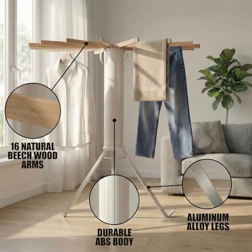 Clothes Drying Rack Foldable, Portable Laundry Drying Rack for Clothes with 16 Wooden Rods & 48 Windproof Slots, Collapsible Tripod Dry Rack for Apartment, RV, Balcony - style: Standing