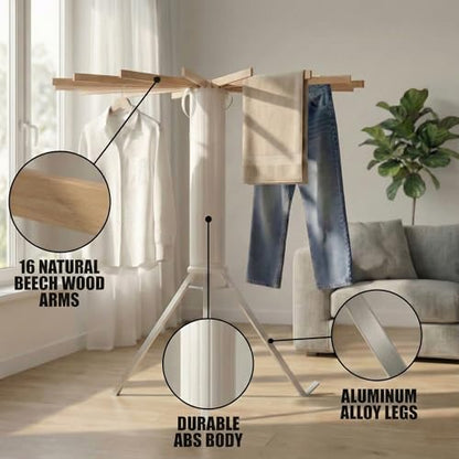 Clothes Drying Rack Foldable, Portable Laundry Drying Rack for Clothes with 16 Wooden Rods & 48 Windproof Slots, Collapsible Tripod Dry Rack for Apartment, RV, Balcony - style: Standing