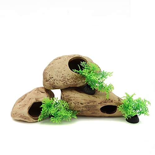 Stackable Aquarium Ceramic Decorations Rock Caves, Set of 3 | Betta Fish Tank Decor Accessories, Hideaway for Shrimp Cichlid, Hiding Breeding Spawning