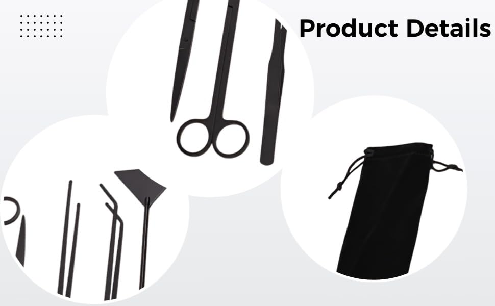 5 Pcs Aquarium Tools Kit, Black Stainless Steel Aquatic Plants Tools for Aquascaping, Flat Sand Shovel, Straight and Curved Tweezers, Scissors, Drawstring Bag Included
