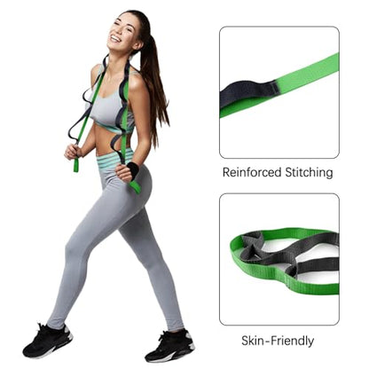 10 Loop Yoga Stretching Strap for Physical Therapy - Non-Elastic Exercise Band for Pilates, Yoga, Stretching for Women & Men - color: Green+Black