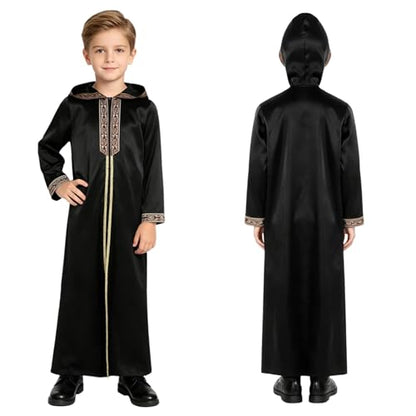 Kids Boys Thobe Muslim Prayer Clothes Saudi Dubai Robe Kaftan Zipper Dishdasha Islamic Eid Ramadan Outfits - color: Black, size: 10