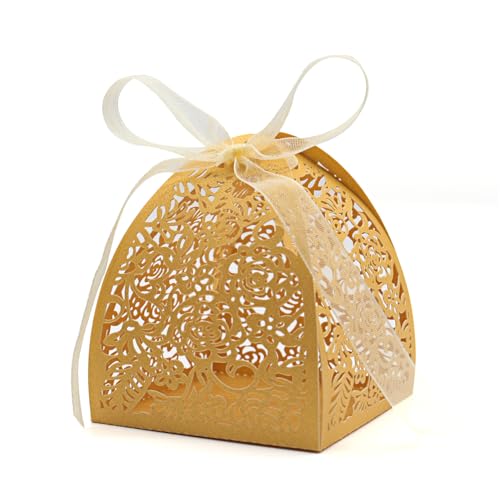 KPOSIYA Pack of 70 Laser Cut Rose Candy Boxes, Favor Boxes 2.5"x 2.5"x 3.1", Gift Boxes for Bridal Shower Anniverary Birthday Party Wedding Favor Gold (Rose box 70) - color: Gold, size: 1 Count (Pack of 70)