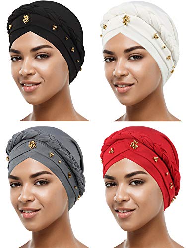 SATINIOR 4 Pieces Turban for Black Women African Cap Head Wraps Beaded Headscarf Beanie Wrap - color: Black, Grey, White, Red, style: Bead Style