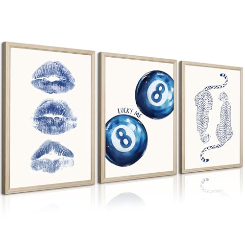 Leopard Wall Art Cheetah Canvas Prints Trendy 8 Ball Wall Decor Preppy Aesthetic Poster Lucky Leopard Pictures Funky Painting Navy Kiss Artwork for Bedroom Living Room 12x16 Inch Wood Framed Set of 3 - color: Blue 8 ball Prints, size: 12"x16" Framed