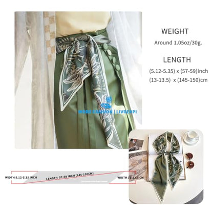 Silk Feeling Head Scarf Fashion Satin Hair Scarf Square Long Scarves for Women Gifts - color: 02 Green Plant Leaf /5.12 X 59 Inch