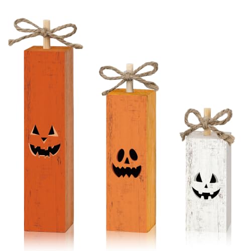 Smile Halloween Wooden Standing Block Decor Orange Jack-O'-Lantern Face - style: Orange Halloween