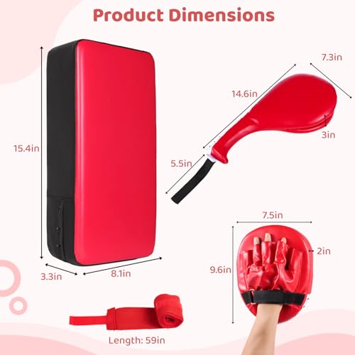 7 in1 Taekwondo Kick Pad Set, Boxing Training Equipment, Martial Art Kicking Pad, PU Leather Boxing Focus Pad, Target Punching Pads and Hand Wraps for Karate, Sparring, MMA, Muay Thai - color: Red