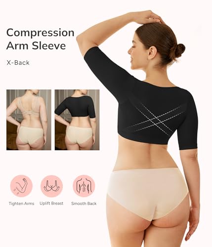 LODAY Arm Compression Sleeves for Women Lipo Upper Arm Shaper Post Surgery Slimming Arm Sleeve - color: Black, size: Small-Medium