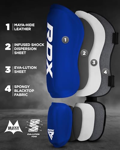 RDX Shin Guards Kickboxing Muay Thai, SATRA SMMAF Approved, Premium Maya Hide Leather, Leg Instep Protection Pads, MMA Martial Arts Kicking Sparring Training Gear, BJJ Karate Boxing Taekwondo, Black - color: Blue, size: X-Large