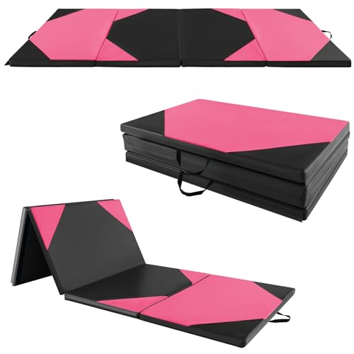 Goplus Folding Gymnastics Mat, 10’ x 4’ x 2’’ Thick Tumbling Mats with PU Leather, Hook & Loop Fasteners, Portable Handles, 4-Panel Exercise Mat for Home Gym Workouts, Yoga - color: Black+Rose