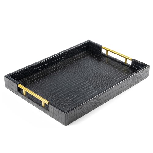 ATZYmolin 17"x12" Leather Serving Tray, Gold Handle Vanity Platter, Black - color: Alligator Black, size: 17" x 12" x 1.8"
