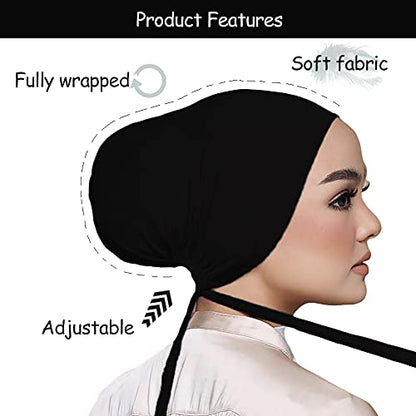 Women Under Scarf Hat Hijab Undercap Islamic Muslim Under Scarf Hijab Cap with Tie-Back Closure - color: White+light Khaki(2pcs)