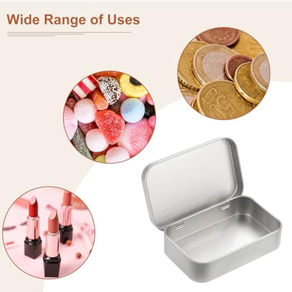 Metal Tin Box Containers, 2Pcs 3.7x2.4x0.9 Inch Silver Rectangular Metal Hinged Tin Box Mini Portable Storage Container Kit with Lid for Home Storage