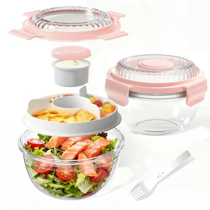 WHALEHOUSE 2-Pack 33 OZ Clear Eco-friendly SK chemicals ECOZEN Salad Container Sets, Portable Plastic Salad Bowls with Lid, Leak-Proof Dressing Container, Bento Lunch Box for Meal Prep & Food Storage - color: Pink-2 Pack