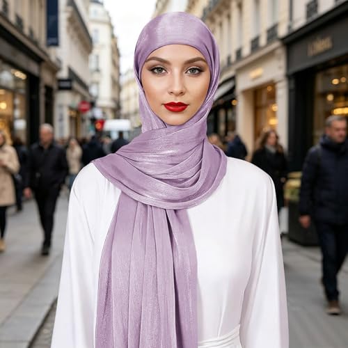Premium Hijab Head Scarf for Women Lightweight Shimmer Hijab Head Wrap Scarves Crepe Satin Scarf Shawl Wrap - color: Light Purple