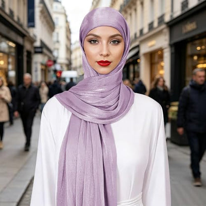 Premium Hijab Head Scarf for Women Lightweight Shimmer Hijab Head Wrap Scarves Crepe Satin Scarf Shawl Wrap - color: Light Purple