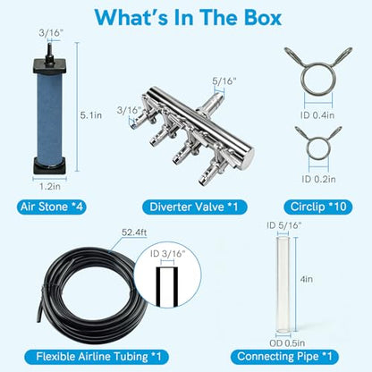 Antfraer Pond Aerator Accessories Kit, Compatible with Antfraer 635GPH Aerator, 52.4ft Airline Tubing + 4-Way Splitter + 4 Bubble Stones for Koi Ponds, Water Gardens & Septic Systems - style: Pond Aerator Accessories Kit