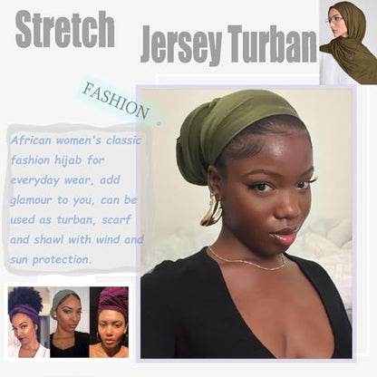 ZRQ 1 Pieces Army Green Stretch Hijab Extra Long Solid Color African Shawl Hair Scarfs Jersey Turban Fashion Head Scarf Soft Head Wraps for Black Women - color: Army Green