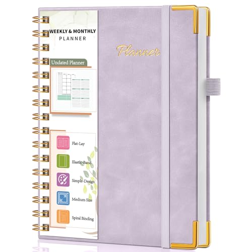 Undated Weekly Planner, Hardcover Leather Weekly & Monthly Calendar Blank Planner, To Do List Notebook with Goal & Habit Tracker Organizer, A5 Daily Planner with Spiral Binding, Ideal for Work School Home, Purple - color: Purple