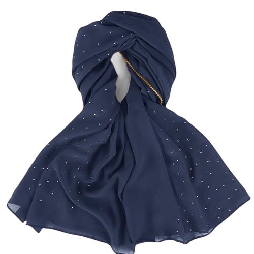 Hijab Scarf for Women Soft Chiffon Rhinestone Long Scarf Shawl Fashion Muslim Hijab Head Wrap Scarves - color: Navy
