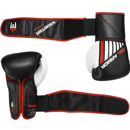 Meister Gel Armor 473.2ml(16온스) 트레이닝 복싱 장갑, 풀 그레인 가죽 + 메시 드로스트링 백 포함 | Built for heavy hitting with gel-lined impact foam protection, secure oversized wrist support and breathable palm