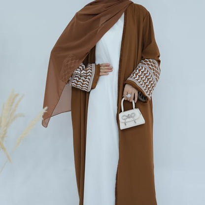 Muslim Dresses for Women Ramadan Kimono Long Sleeve Embroidered Islamic Cardigan Prayer Dress Abaya Kaftan with Belt - color: Coffee, size: XX-Large