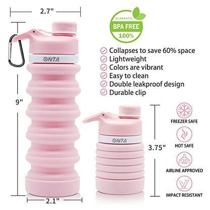 ONTA Collapsible BPA Free Silicone Water Bottle, 20oz - Portable, Leakproof, Easy Clean, Shatter Resistant, Travel Friendly - color: Pink, size: 18.6 Ounces