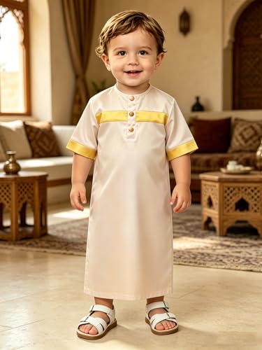 Toddler Ramadan Eid Outfit Traditional Middle Eastern Short-Sleeve Crew-Neck Thobe Kaftan Prayer Clothes - color: Champagne, size: 4T