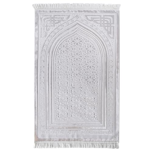 Modefa Luxury Velvet Prayer Rug with Prayer Beads | Soft Elegant Muslim Turkish Janamaz Sajada Carpet for Men and Women | Plain Solid Prayer Mat Ramadan Eid Gift - Najma (White) - color: Najma White