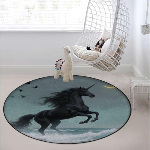 Black Unicorn Washable Round Office Chair Mat for Hardwood & Tile Floors, Ocean Waves Moon Mystical Non-Slip Floor Protector,Protect The Floor from Scratches, Teal Silver Diameter 39.4 in - color: Black Unicorn_2502, size: Diameter 39.4 in
