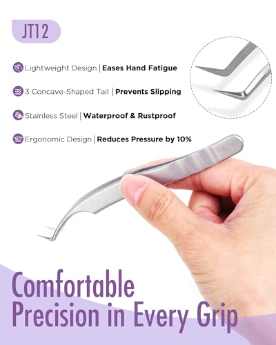 Tweezers Lash Tweezers for Eyelash Extensions, Stainless Steel JT12 | Non-slip, High Precision, Effortless Tip for Mega Fans, Professional sticker tweezers for crafting - style: JT12