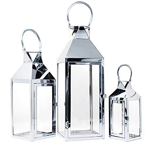 Allgala 3-PC Lantern Set 24 Inch Jumbo Deluxe Modern Indoor/Outdoor Candle Lantern Set Silver Stainless Steel Frame Tempered Glass Pyramid Top for Garden Poolside Fireplace Wedding - color: Pyramid Top Silver