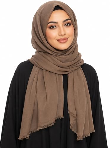 Cotton Linen Plain Hijab Scarf For Women,Muslim Viscose Crinkle Edge With Fringe,Summer Beach Wrap Headwraps Shawl - color: 34#camel