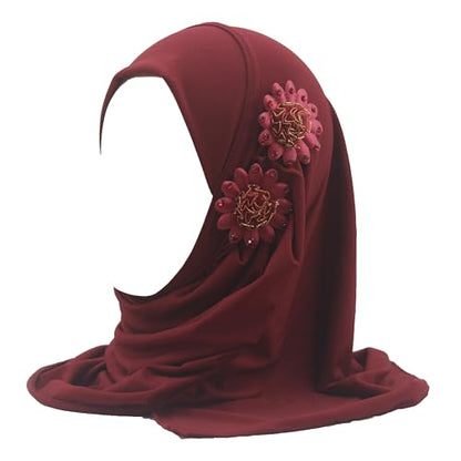 Soft Instant Hijab for Kids Girls Muslim Headscarf Islamic Scarf Shawl Wrap with Flowers - color: Wine Red-2 Flowers