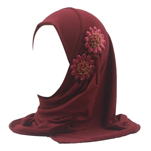Soft Instant Hijab for Kids Girls Muslim Headscarf Islamic Scarf Shawl Wrap with Flowers - color: Wine Red-2 Flowers