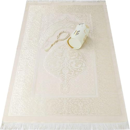 VHD Muslim Prayer Rug Set, Janamaz Salah Set, Islamic Tasbih Mat Set (White) - color: White