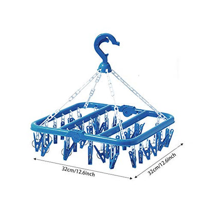 SteelFever Clothes Drying Hanger with 32 Clips, Foldable Hanging Drying Rack for Clothes Underwear Socks (Blue) - color: Blue