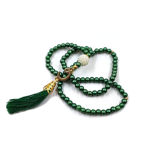 BAYKUL Muslim Prayer Beads 99, Islamic Rosary with Silver Allah Muhammad Engraved Tasbih, Zikr Namaz Worship Ramadan Tesbih Bracelet - color: Green Pearl