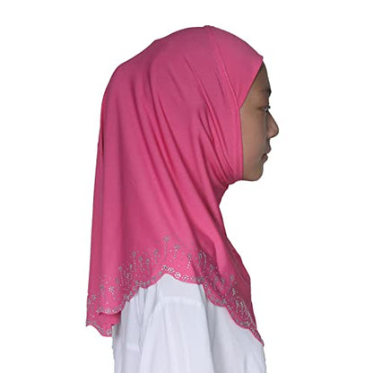 Girls Hijab with Rhinestones – Sparkly Non-Slip Amira Scarf for Kids, for Daily Prayer, School, Ramadan & Eid (Ages 4-12) - color: Rose Red-wavy Edge