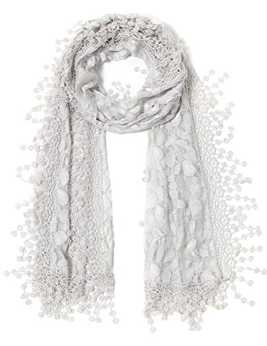 Cindy & Wendy Lightweight Soft Leaf Lace Fringe Scarf Bridal Shawl for Women - color: Light Gray