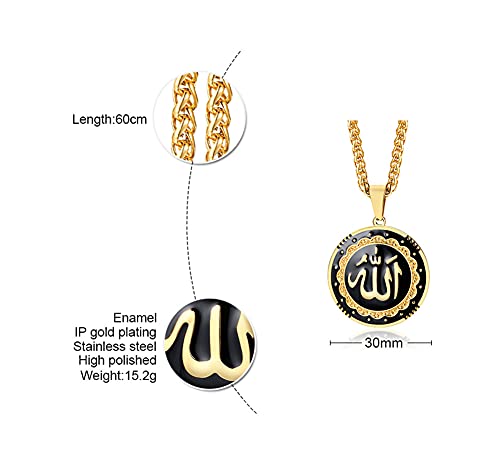 MEALGUET Allah Medallion Necklace, Stainless Steel Islamic Jewelry,Arabic Jewelry,Allah Name of God Round Pendant Necklace for Women and Men with Agate Beaded Chain, Muslim Gift Jewelry, Gift - style: Gold-stainless steel chain necklace