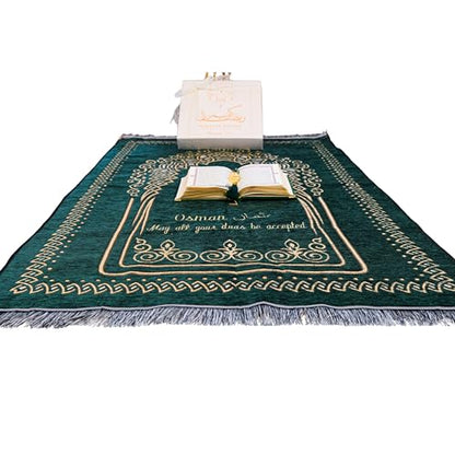 IEF Personalized Embroidered Prayer Rug Prayer Beads Yaseen Dua Book Quran Islamic Gift Set Ramadan Eid Hajj Umrah Wedding Birthday Mother's Day Father's Day Valentine's Day Gifts (Green) - color: Green