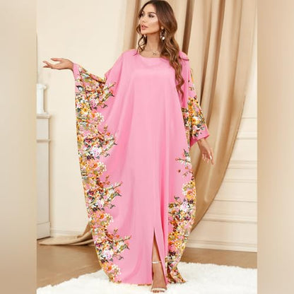 ODIZLI Ramadan Abaya for Women Muslim Batwing Sleeve Floral Print Prayer Dress Dubai Turkey Kaftan - color: Pink