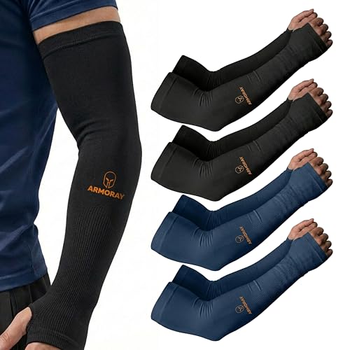 ARMORAY Arm Sleeves for Men and Women - UV Sun Protection Cooling Compression - Tattoo Cover Up Sleeve for Daily Wear & Work - color: Black 2 Pair + Navy 2 Pair W/ Thumbhole ( 4 Pair)