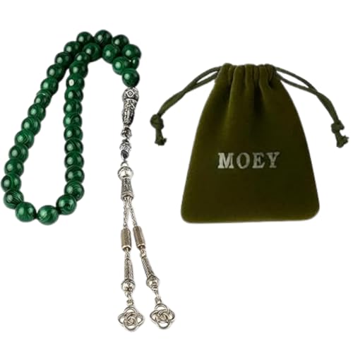 MOEY 33 Muslim Tasbih Prayer Beads – Smooth Malachite Beads for Daily Dhikr & Reflection – Islamic Misbaha with Velvet Pouch – Spiritual Gift for Men & Women - color: Olive Green